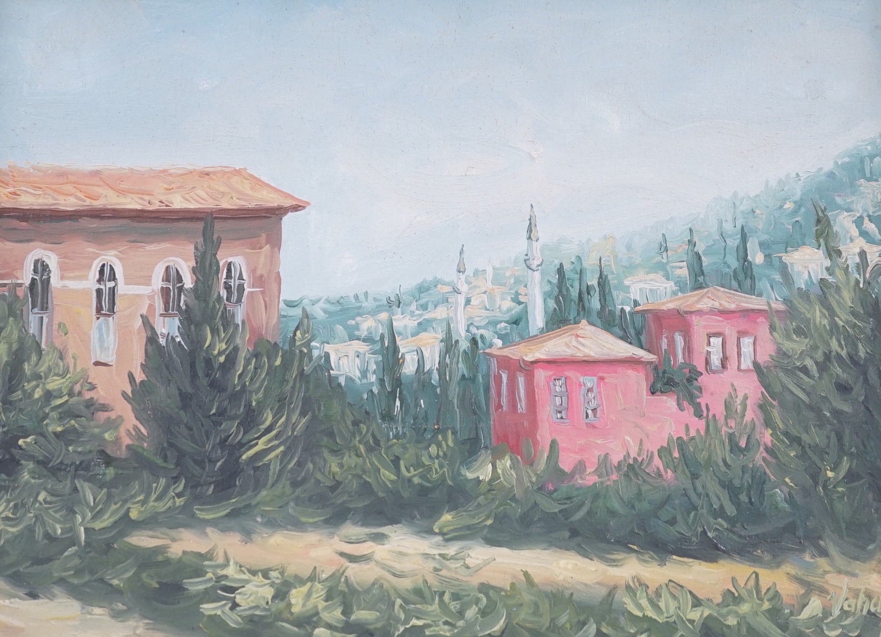Paul Haigh (act. 1983–1990) oil on board, 'Summer rain clouds', signed, and an oil on canvas, Continental villas, largest 39 x 29cm